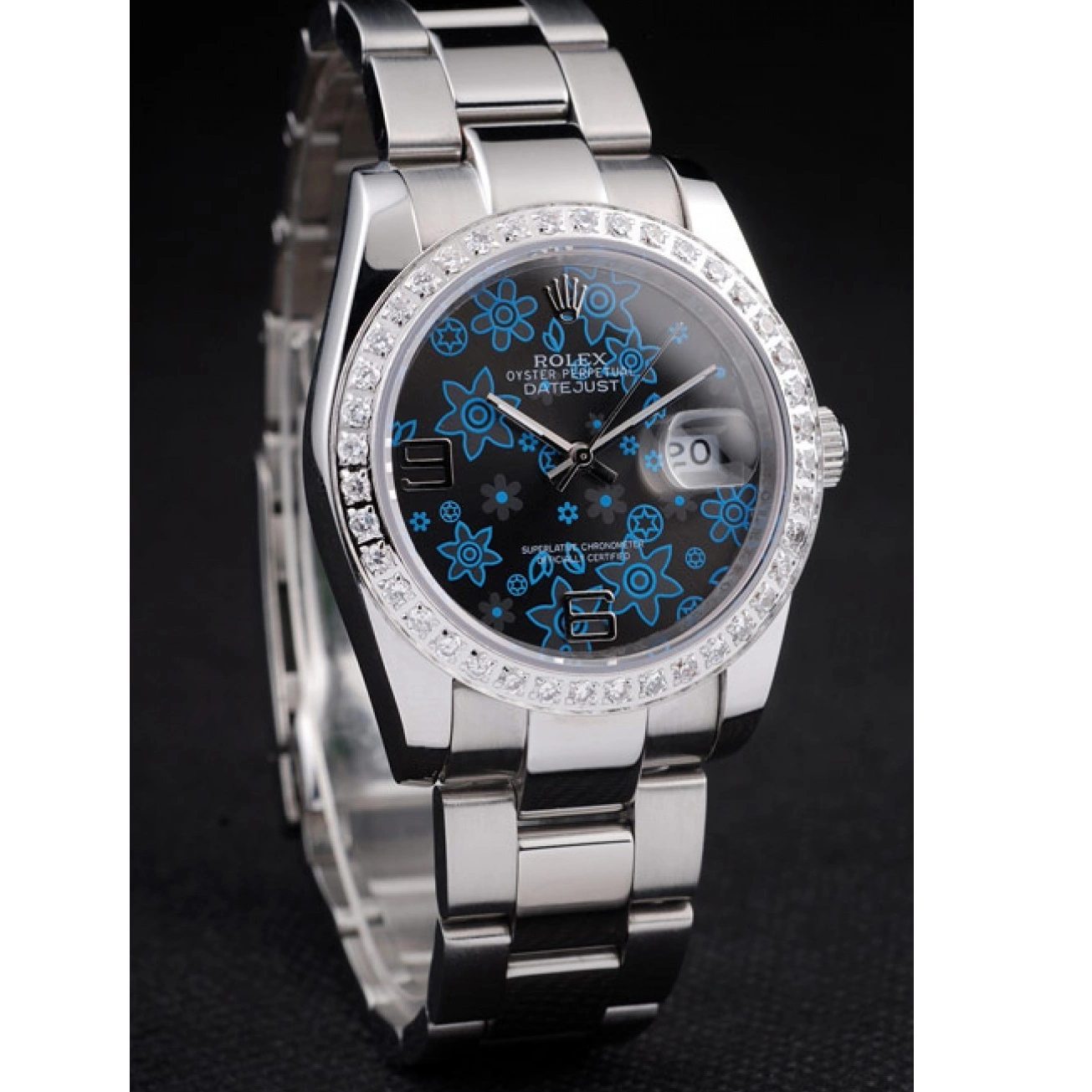 Good copy rolex watches Dial Diamond Datejust Polished Plated Blue Dark Flowers Steel Rolex Stainless 0818